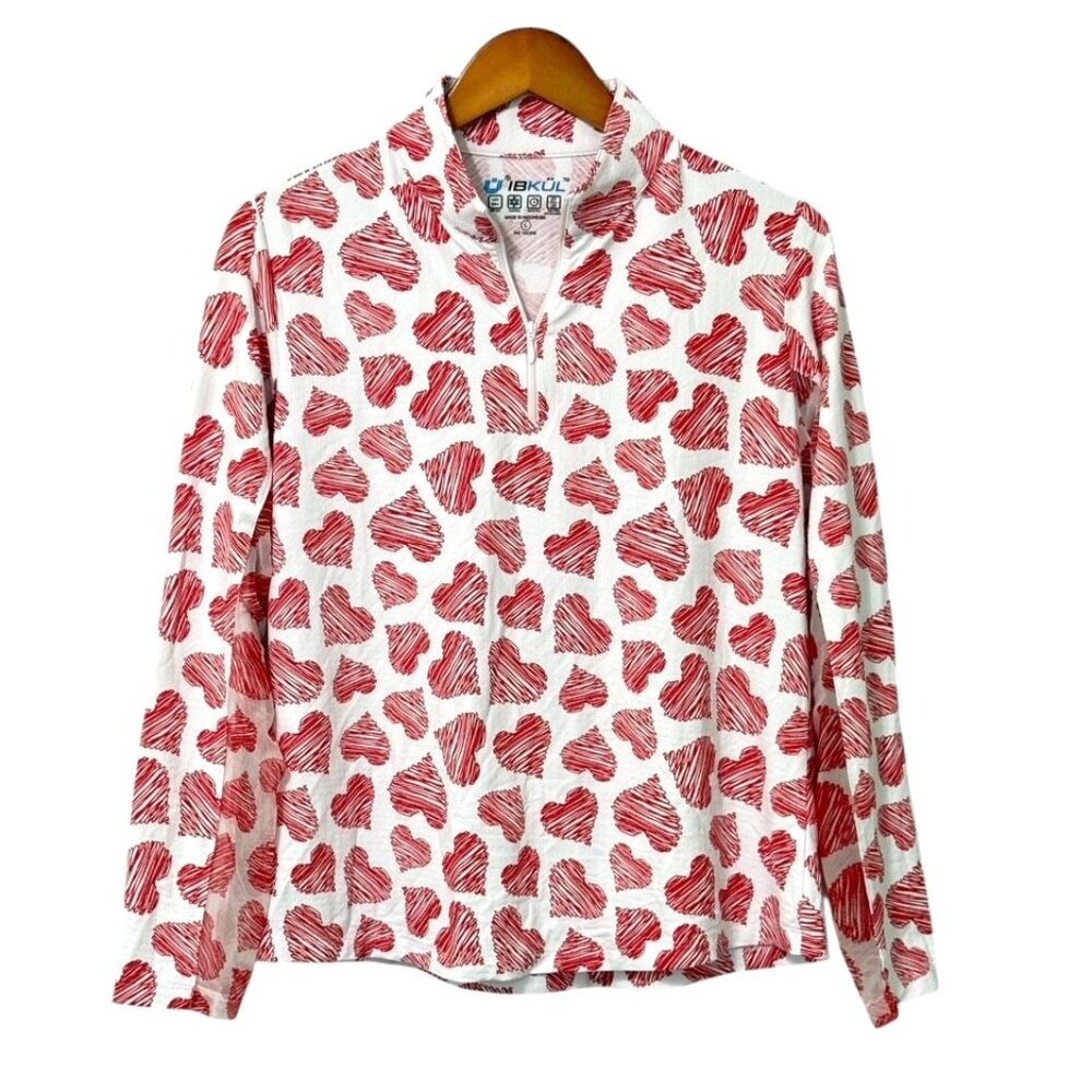 IBKUL Women's Millie Long Sleeve Top 1/4 Zip Mock Neck Hearts UPF 50+ EUC Size L